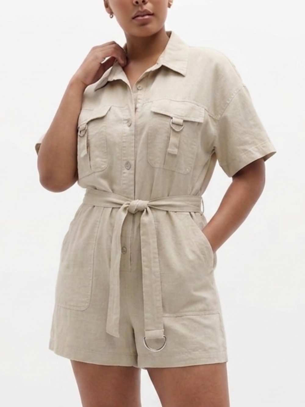 Zara Linen Blend Button Down Shirt Romper Size Large Cargo Pocket Utility Belted